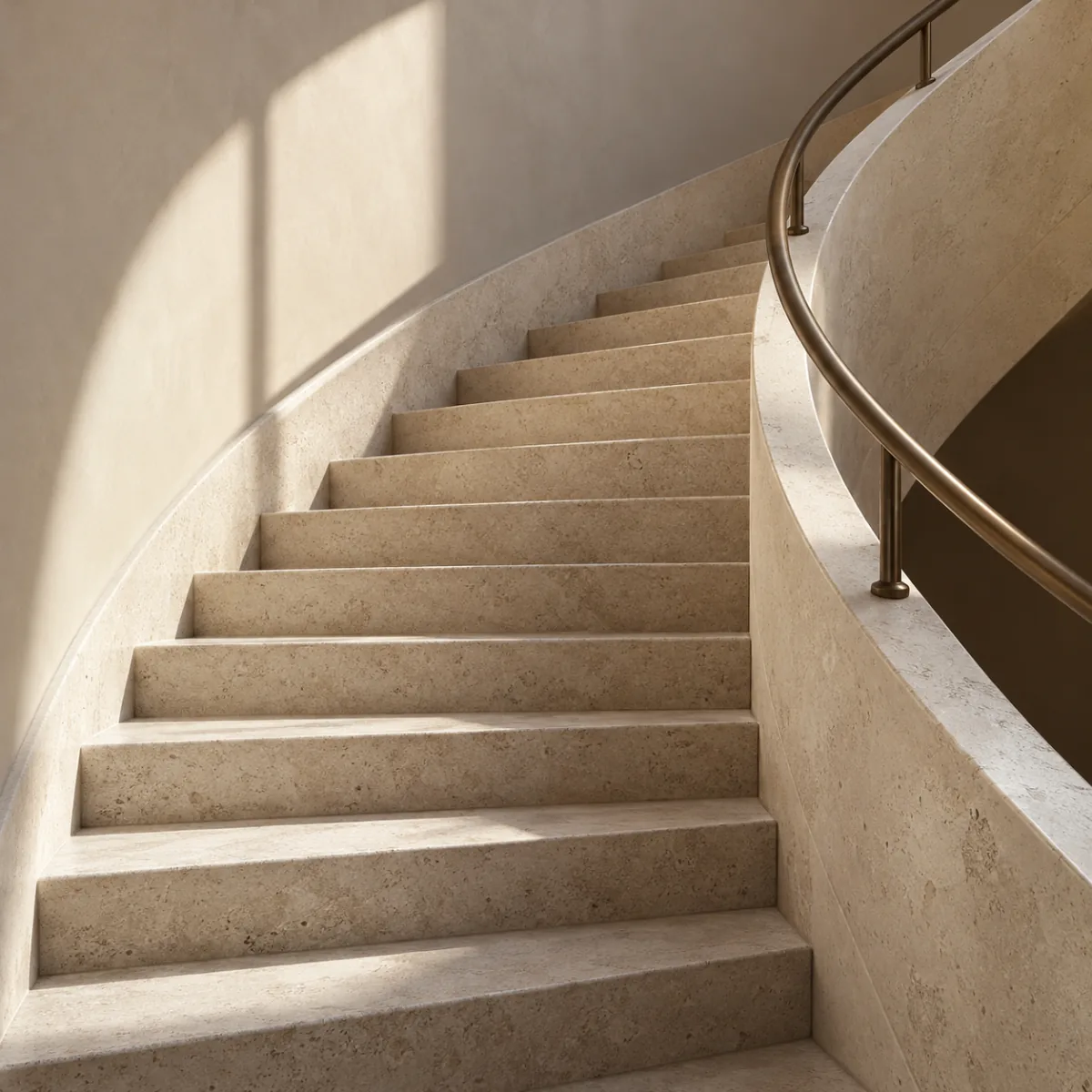 Geschwungene Kalksteintreppe im warmen Sonnenlicht