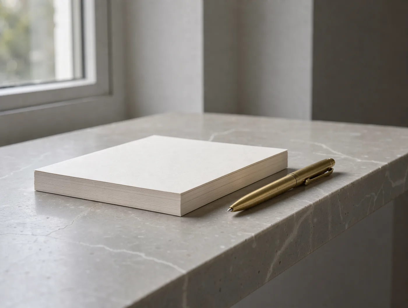 Papier und ein goldener Stift auf einem hellen Tisch